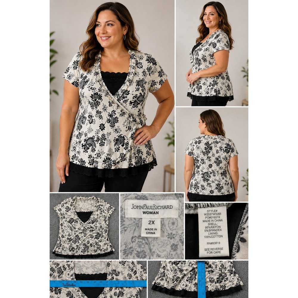 John Paul Richard Woman 2X Black White Floral Faux Wrap Lace Trim Top W2557W3265
